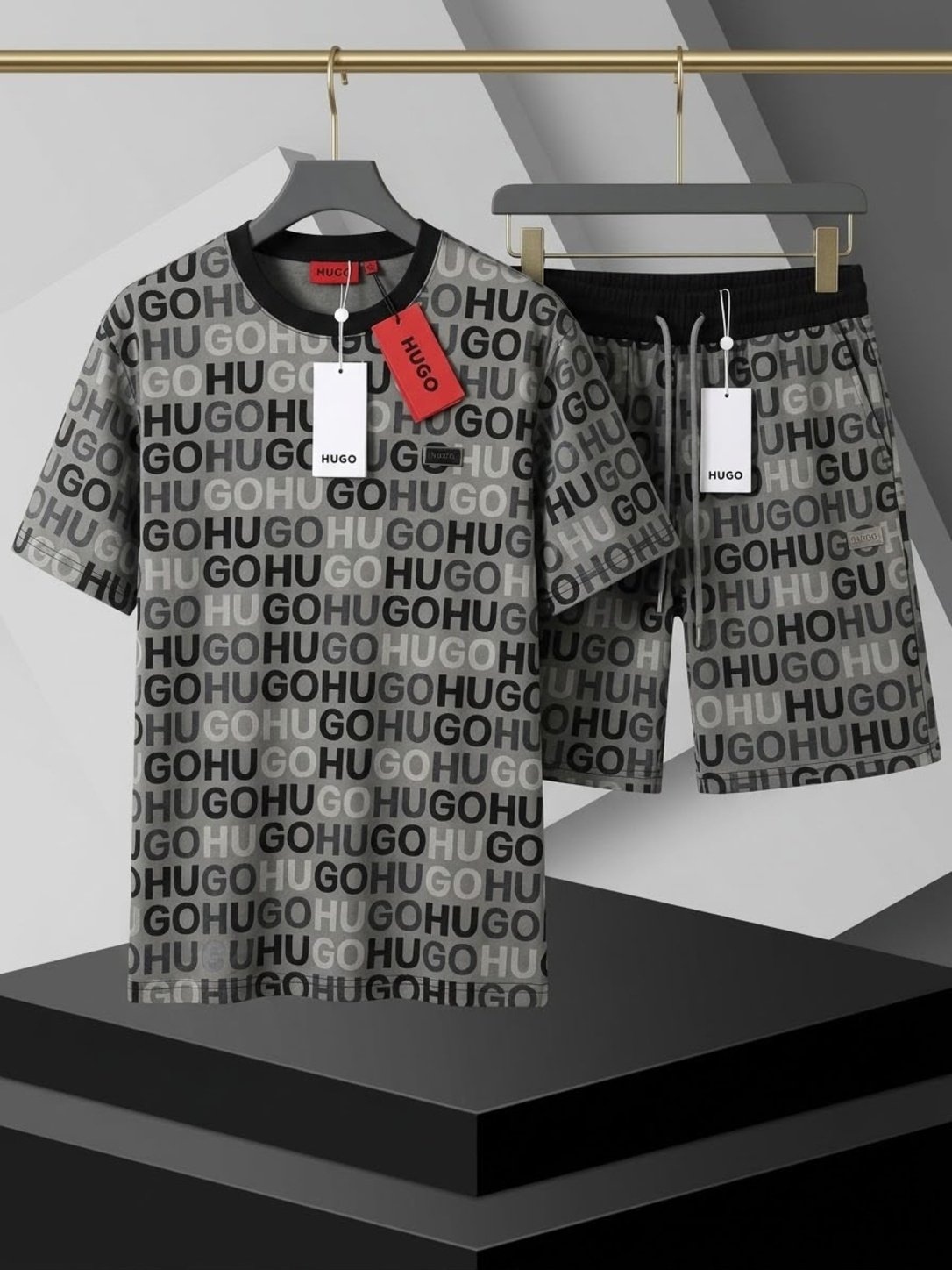 Grey Statement Print Men's Two-Piece Set