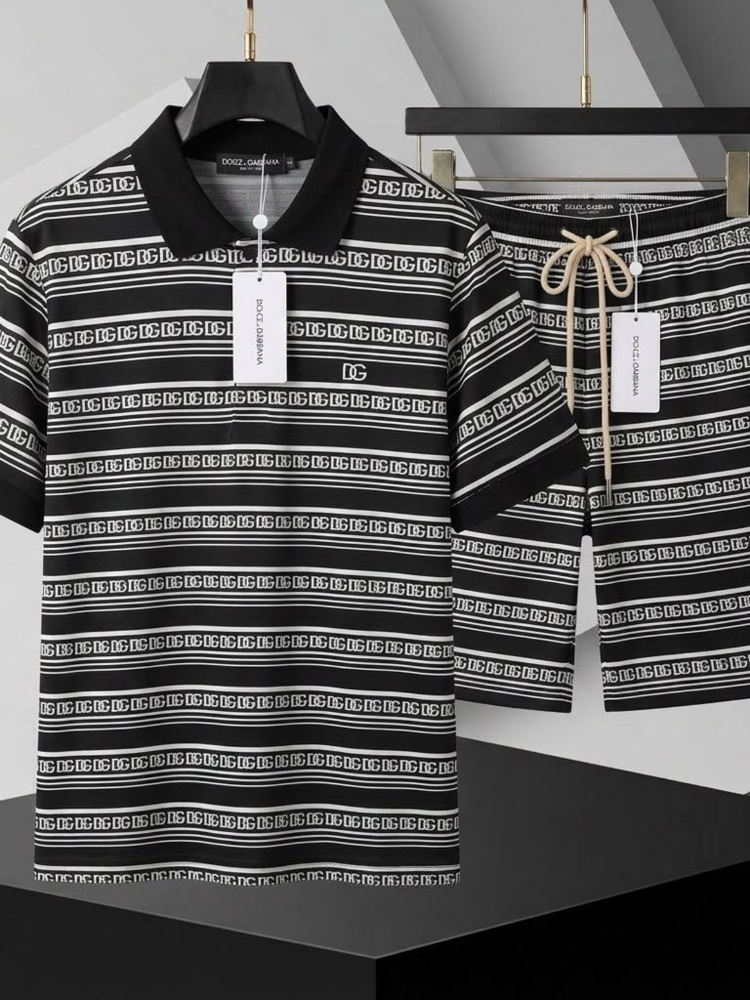 Black Monogram Stripe Men's Two-Piece Set