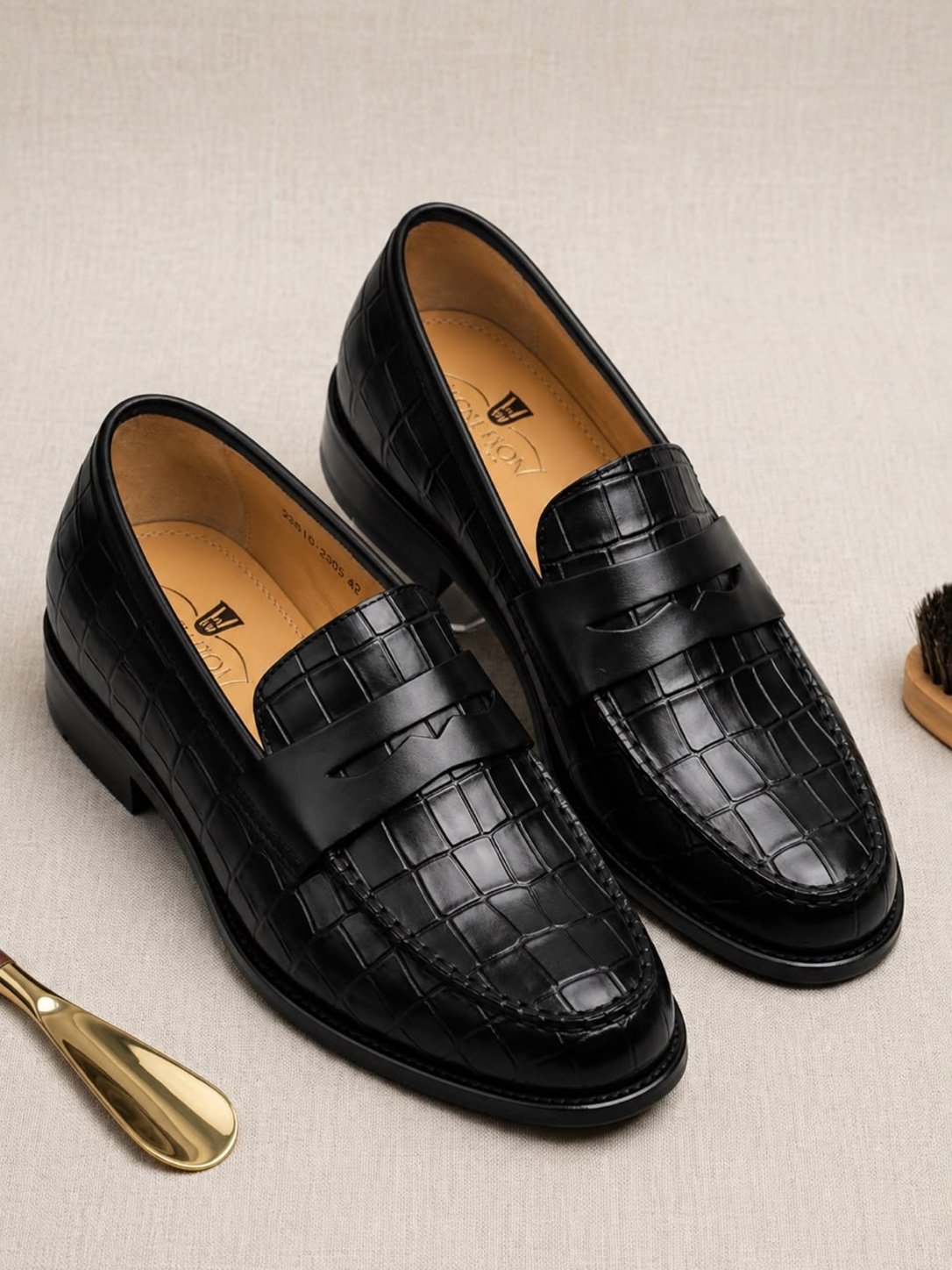 Black Croc-Embossed Leather Penny Loafer
