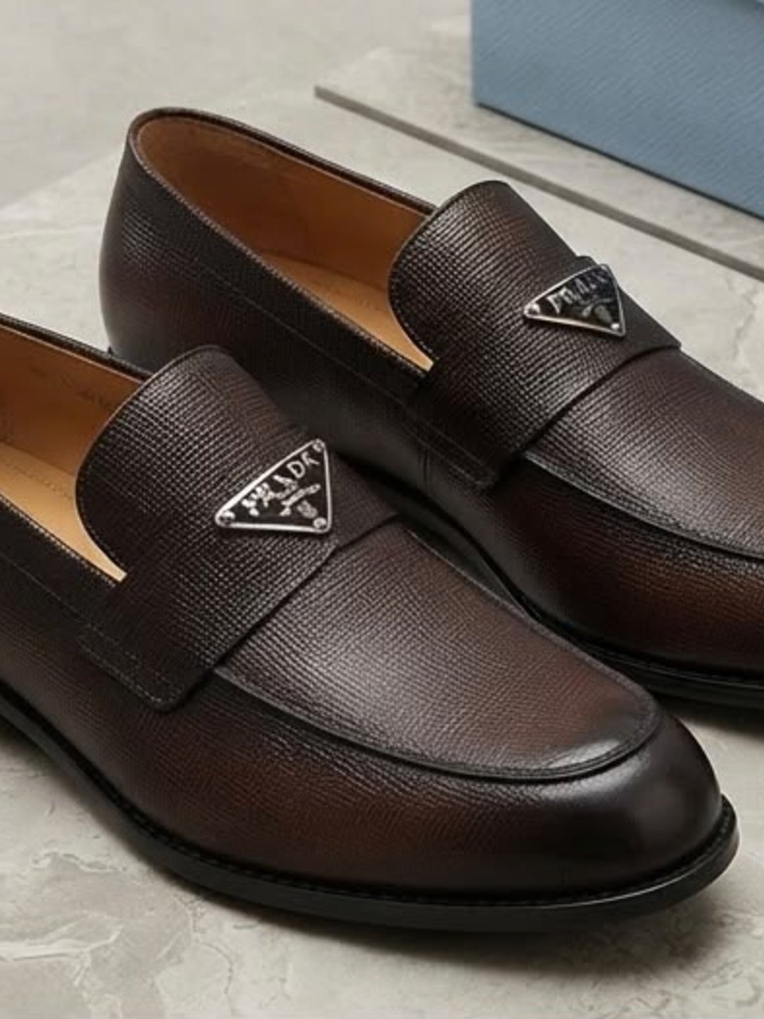 Dark Brown Textured Leather Emblem Loafer