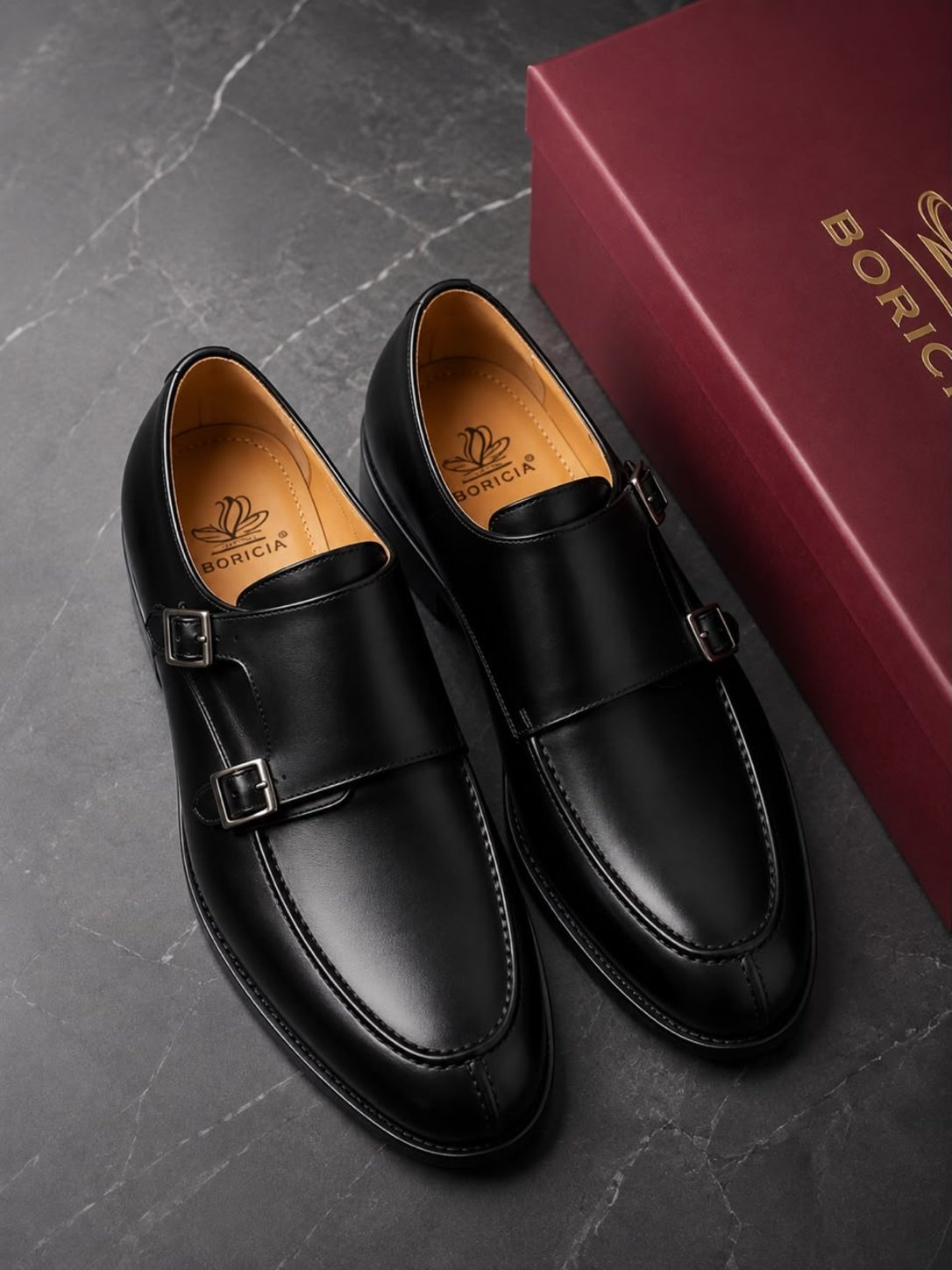 Black Double Monk-Strap Leather Shoe