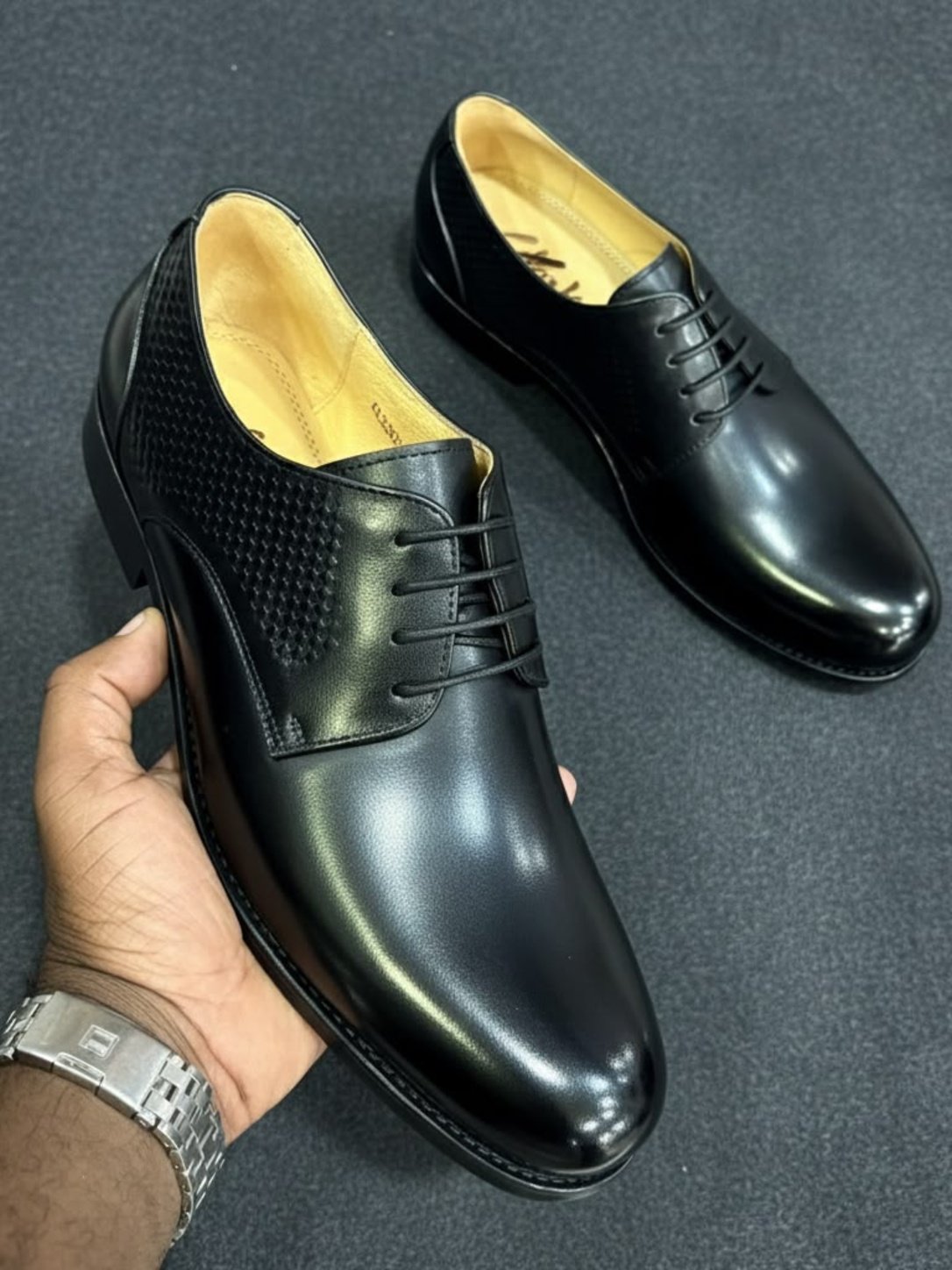 Black Textured-Panel Leather Derby Shoe