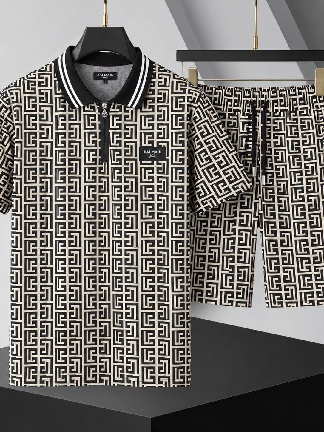 Black & Cream Geometric Men's Two-Piece Set