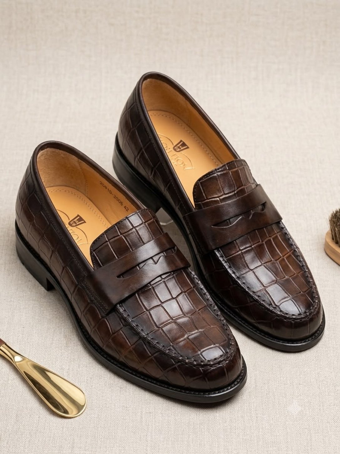 Brown Croc-Embossed Leather Penny Loafer